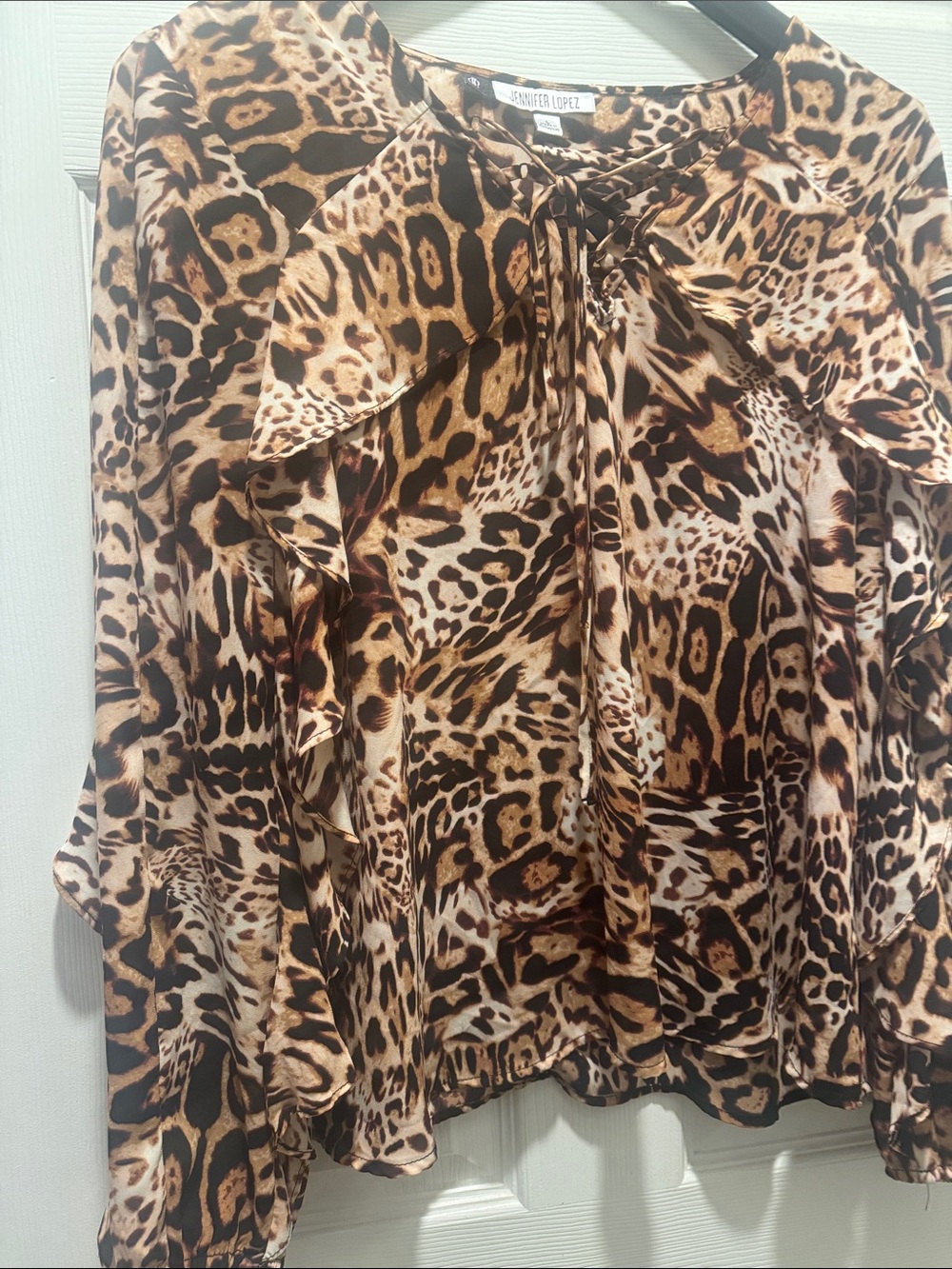 Jennifer Lopez Leopard Print Ruffle Tie-Neck Blouse - Brown/Black/Cream - Picture 4 of 4